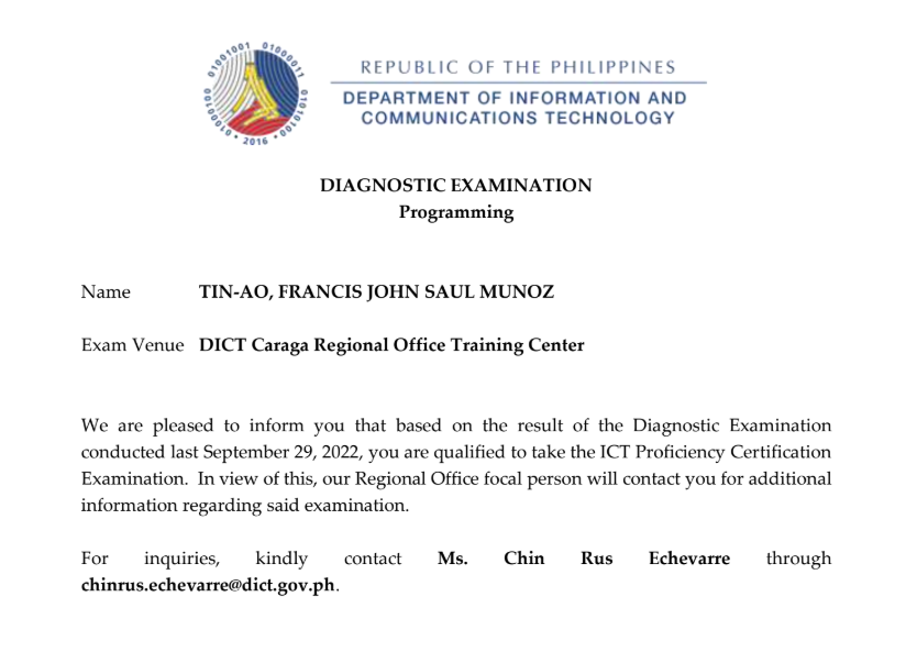 DICT Diagnostic Exam Passer achievement certificate or award 2